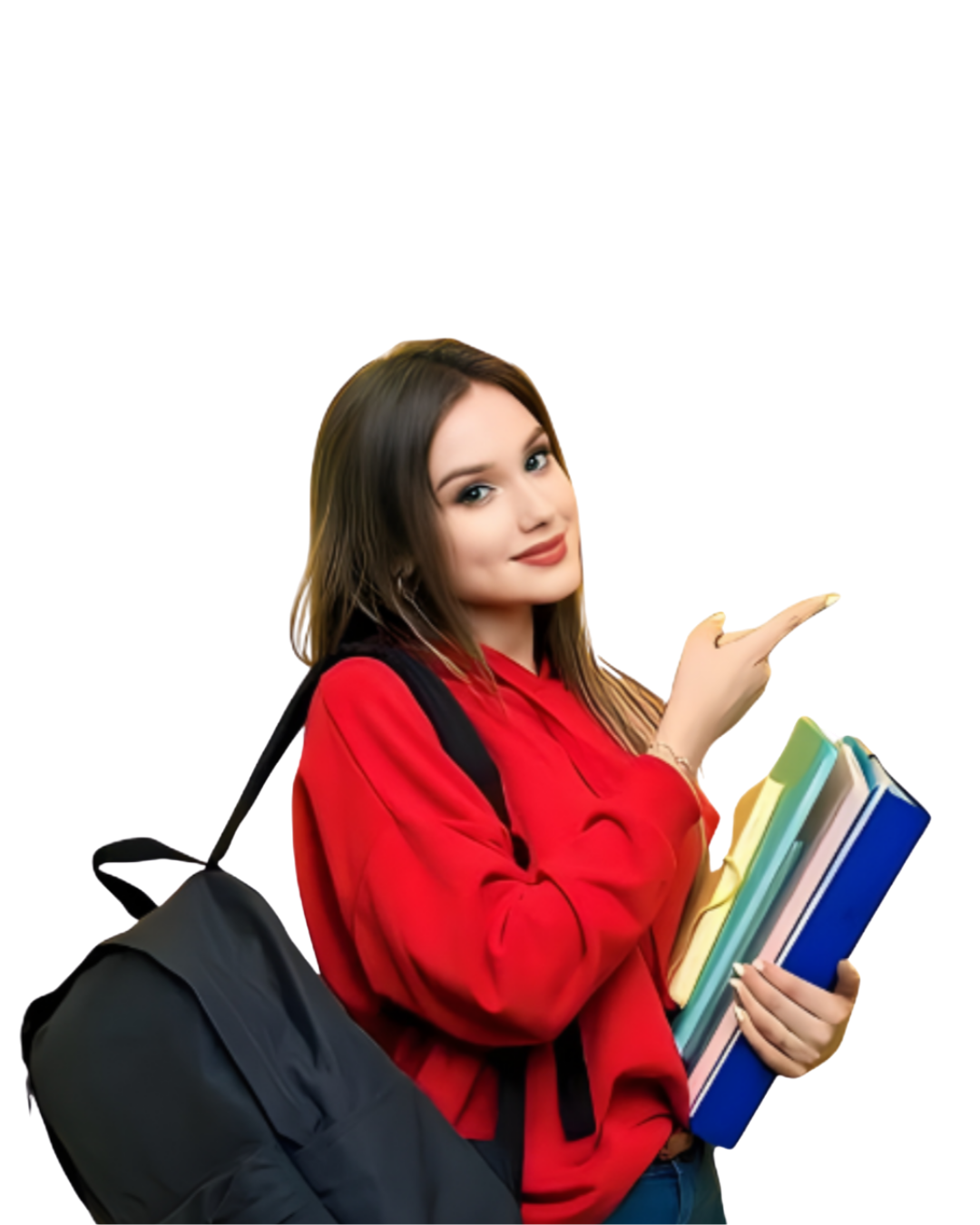 Joven con libros y mochila señalando hacia la derecha.